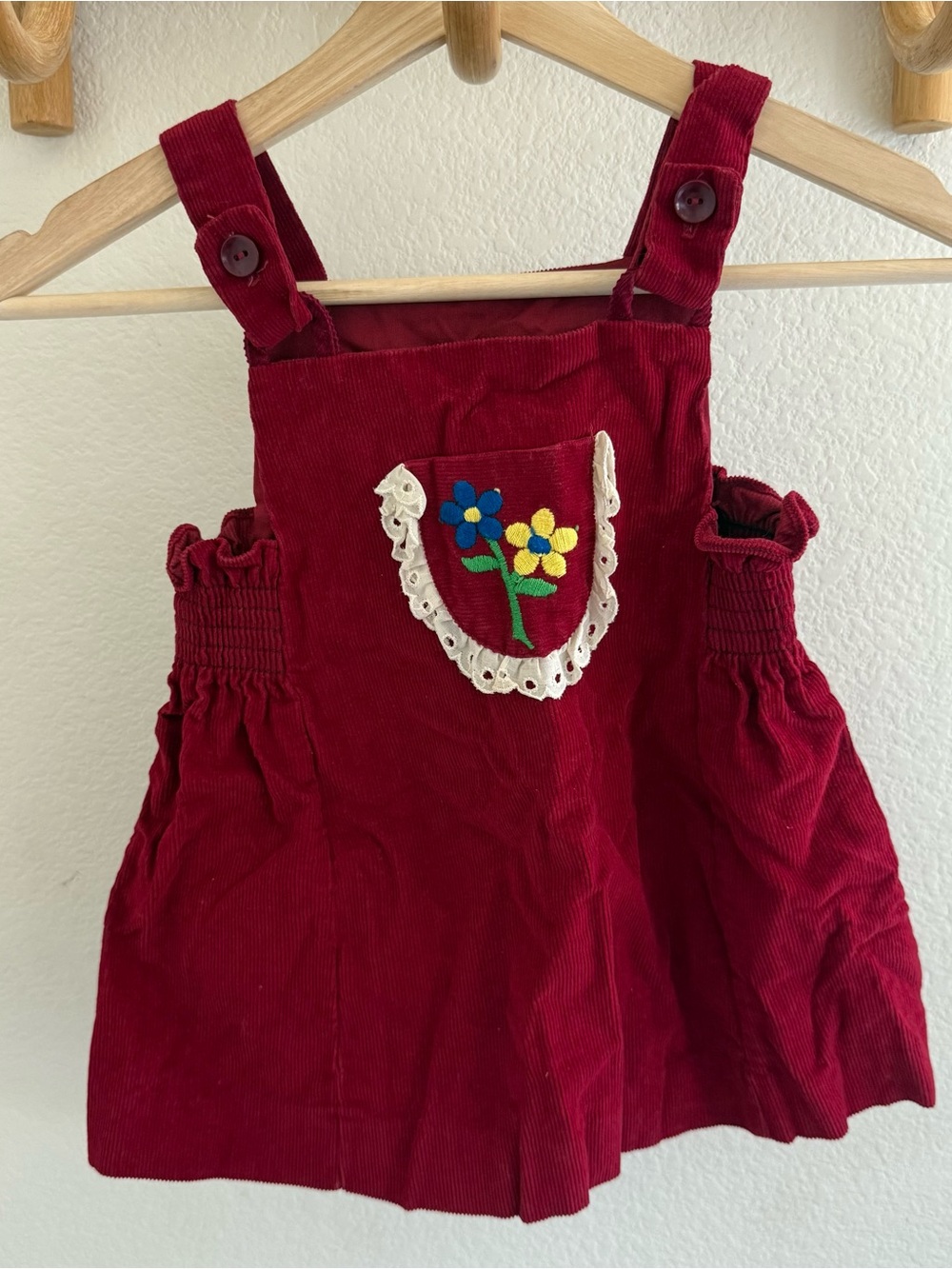 80s corduroy pinafore overall smock dress embroidered flowers lace trim size 3-4